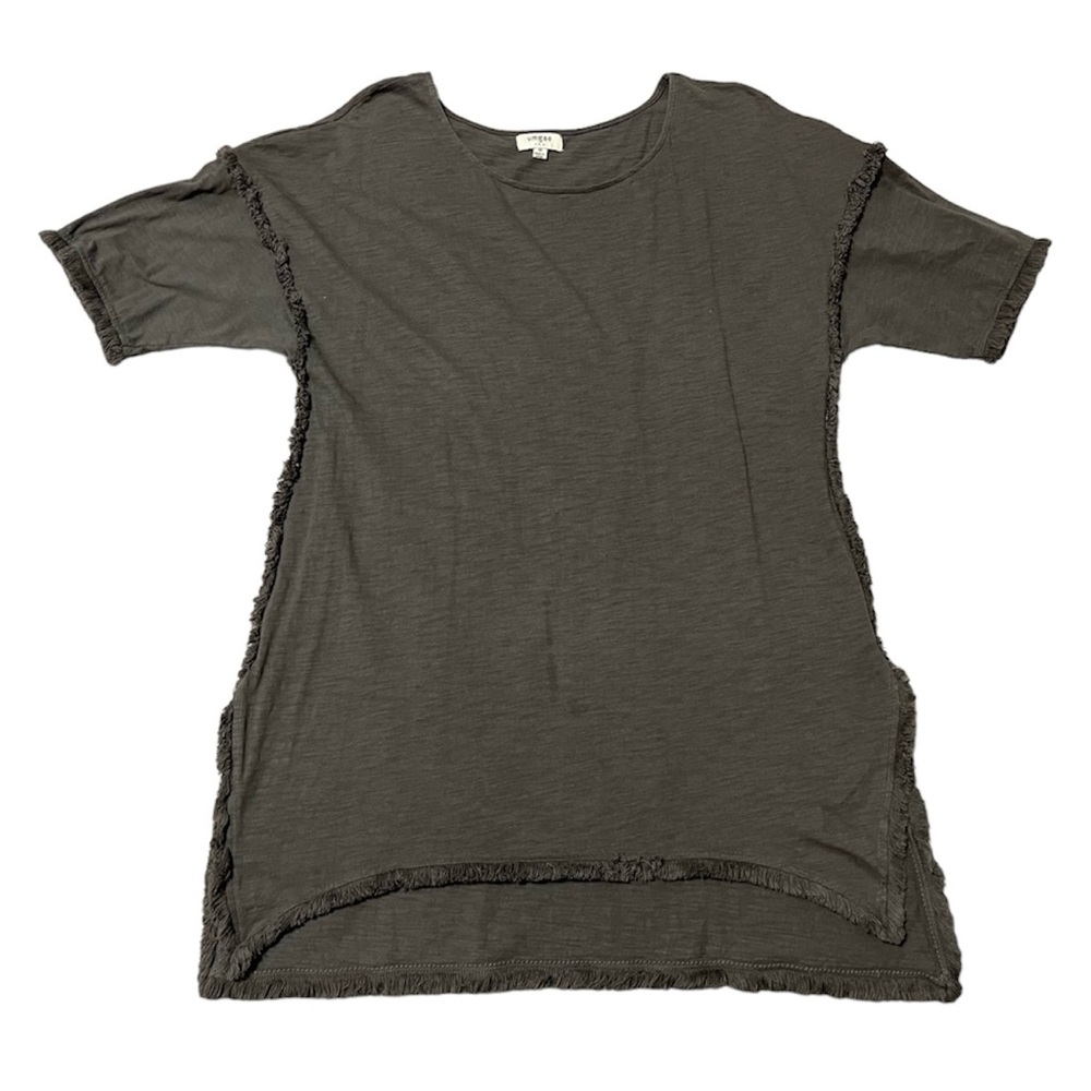 UMGEE Women's Short Sleeve Fringe Trim Hem Side Slit Tunic Top Relaxed Gray Med